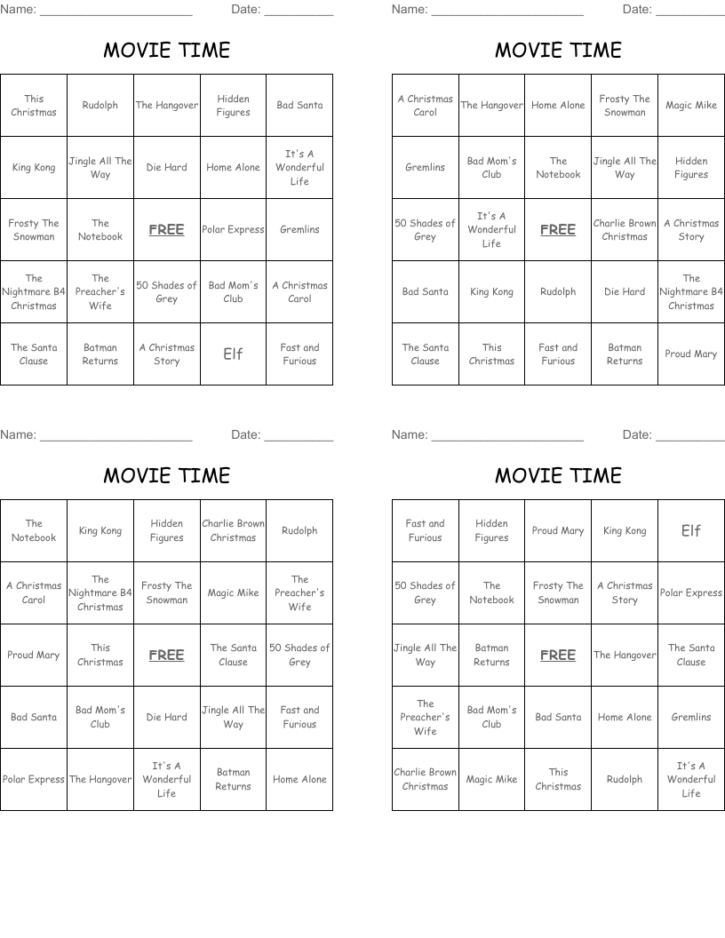 MOVIE TIME Bingo Cards
