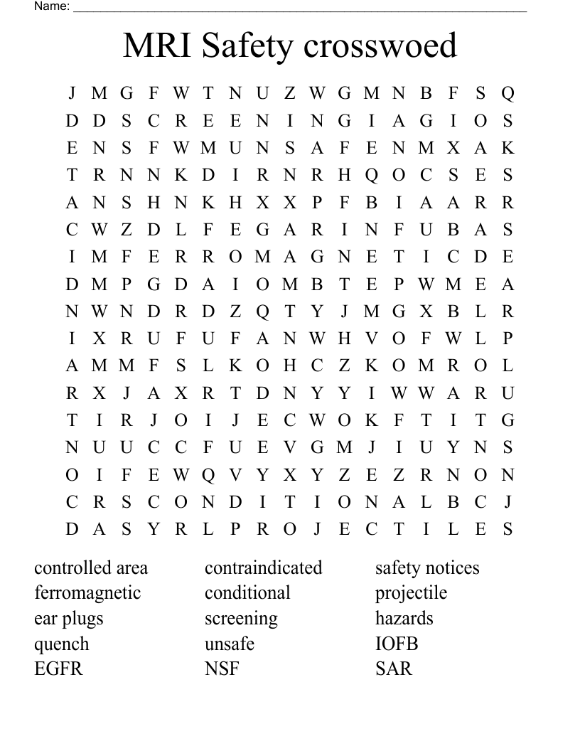 MRI Safety crosswoed Word Search
