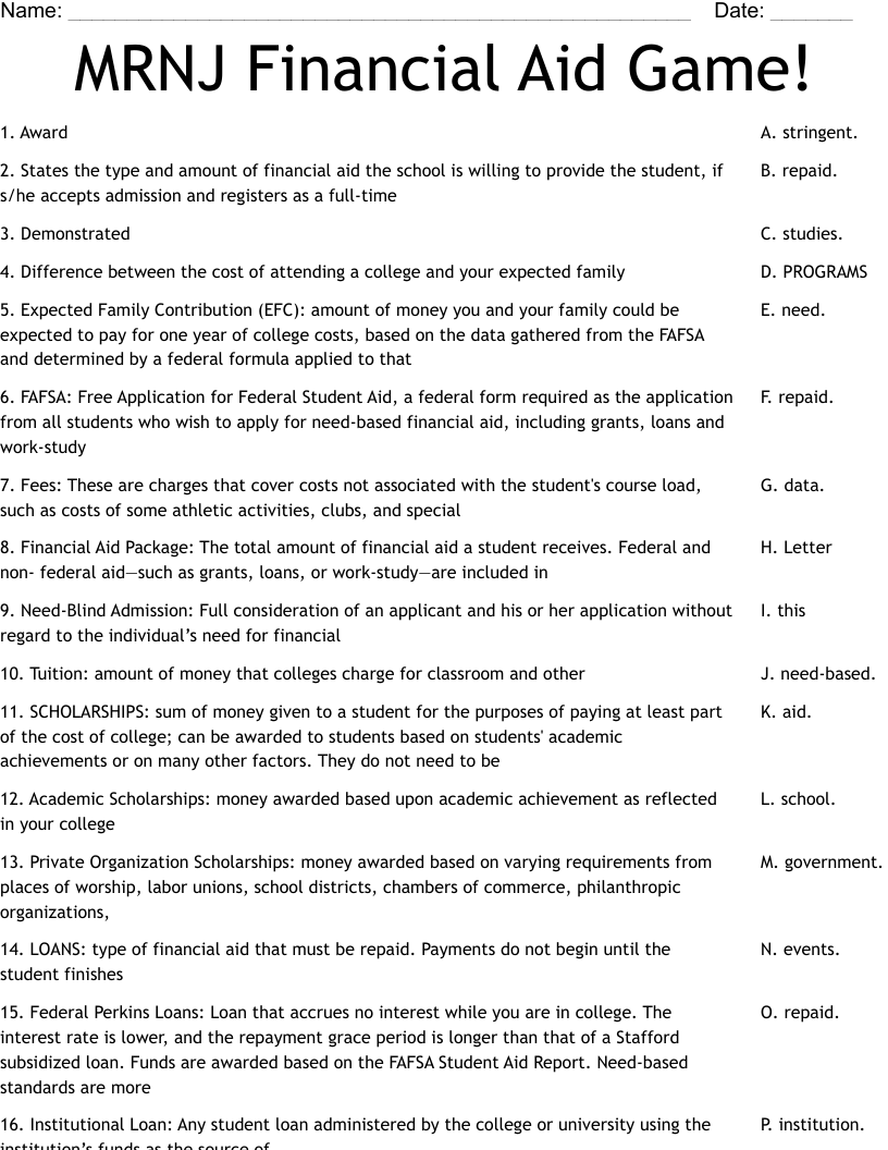 MRNJ Financial Aid Game! Worksheet