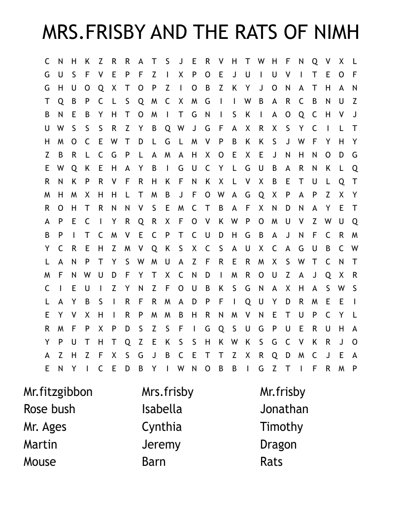 MRS.FRISBY AND THE RATS OF NIMH Word Search