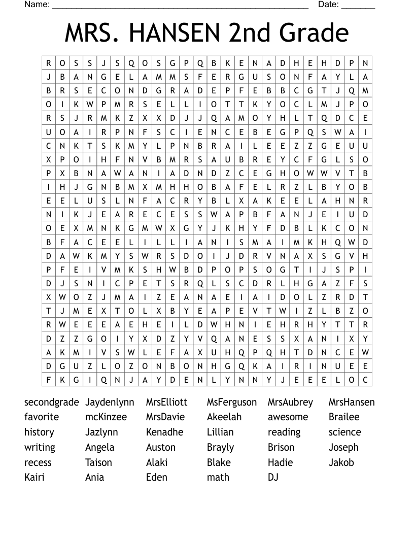 MRS. HANSEN 2nd Grade Word Search