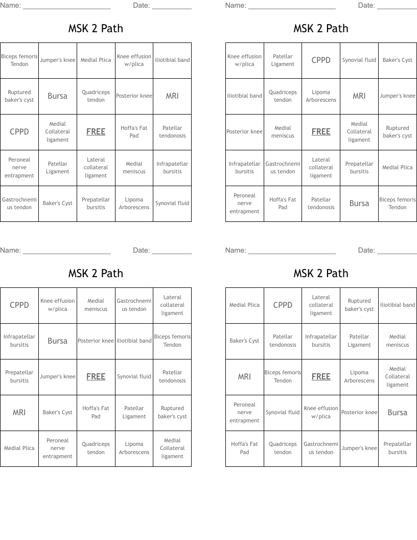 MSK 2 Path Bingo Cards