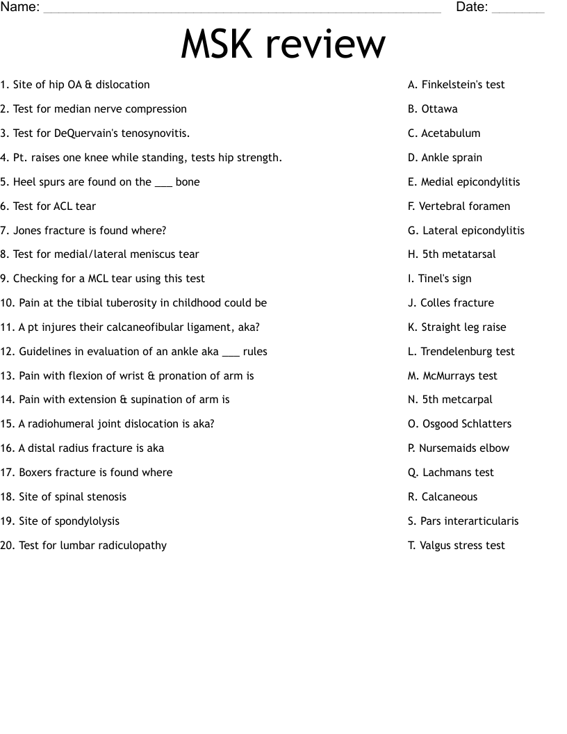 MSK review Worksheet