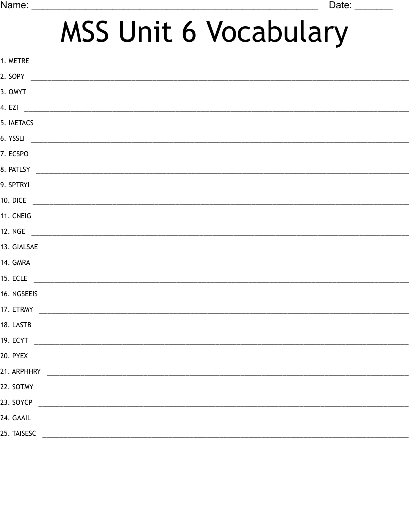 MSS Unit 6 Vocabulary Word Scramble