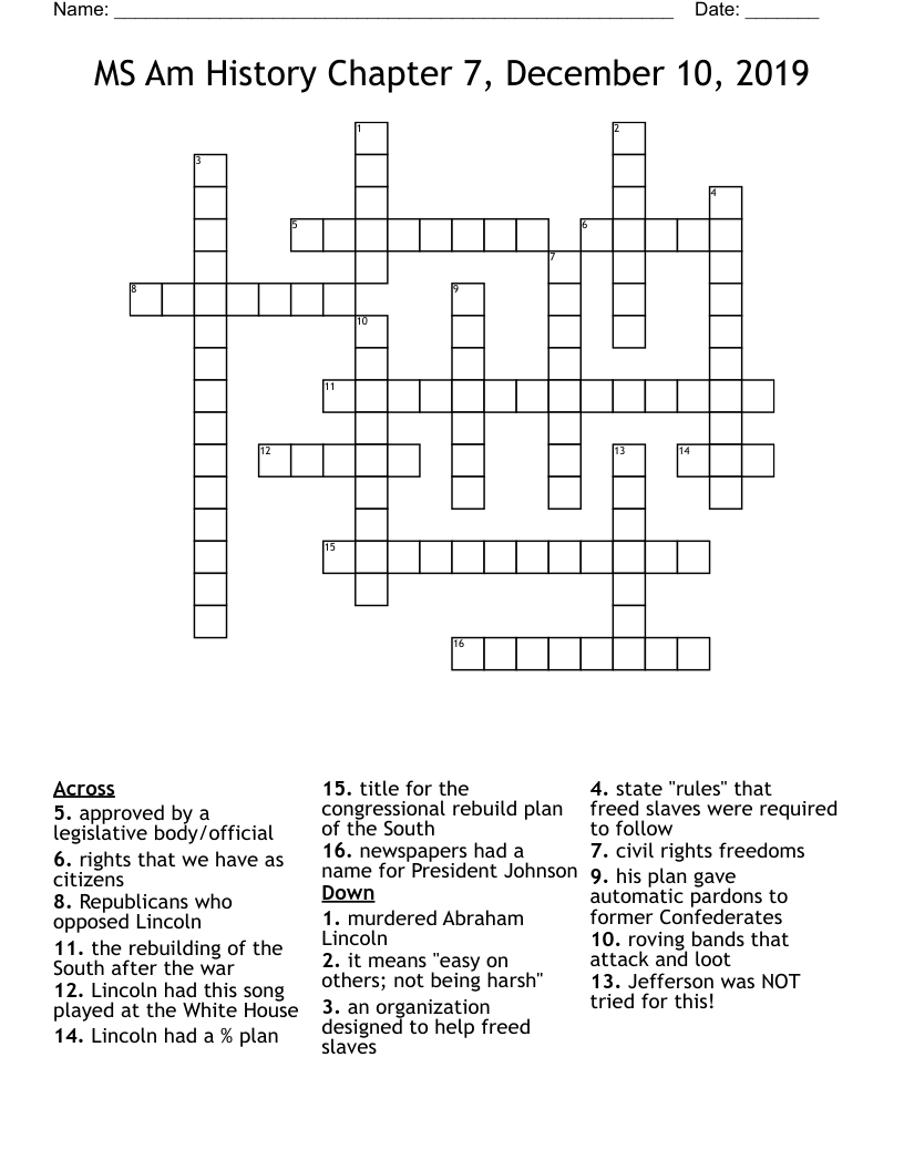MS Am History Chapter 7, December 10, 2019 Crossword