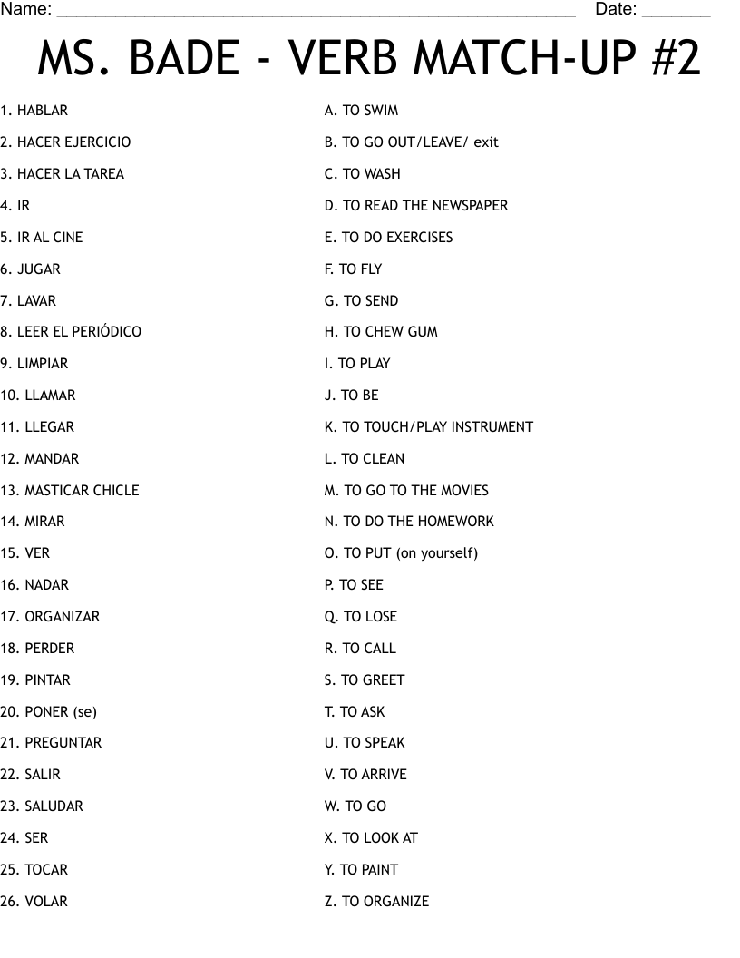 MS. BADE - VERB MATCH-UP #2 Worksheet