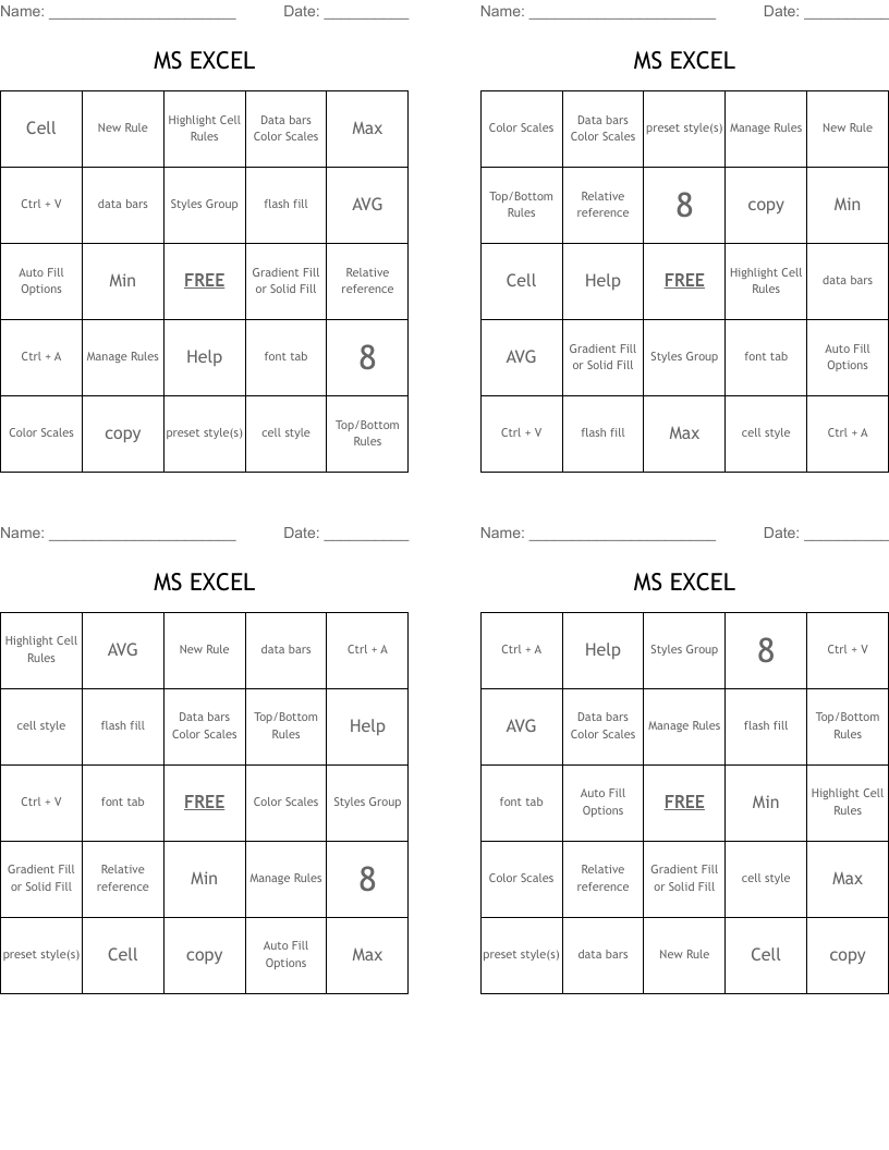MS EXCEL Bingo Cards