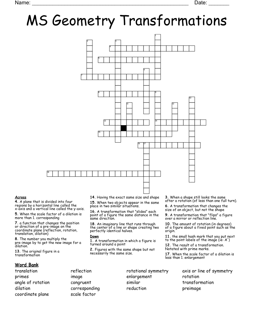MS Geometry Transformations Crossword