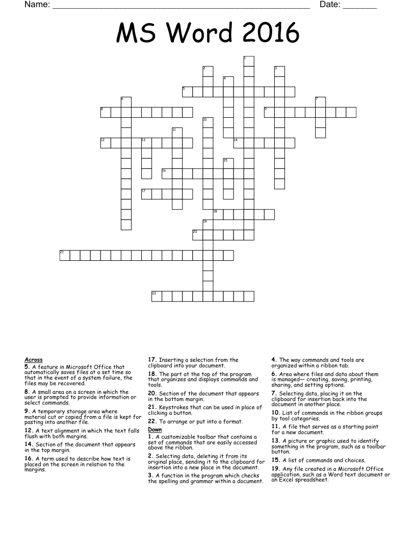 MS Word 2016 Crossword