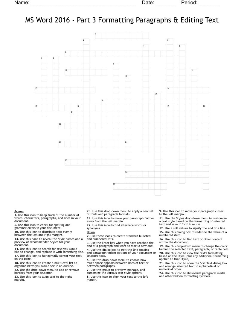 MS Word 2016 - Part 3 Formatting Paragraphs & Editing Text Crossword