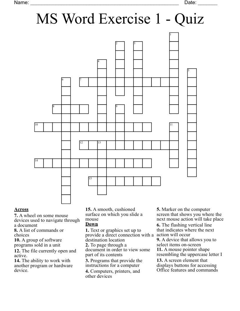 MS Word Exercise 1 - Quiz Crossword