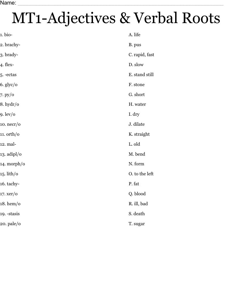 MT1-Adjectives & Verbal Roots Worksheet
