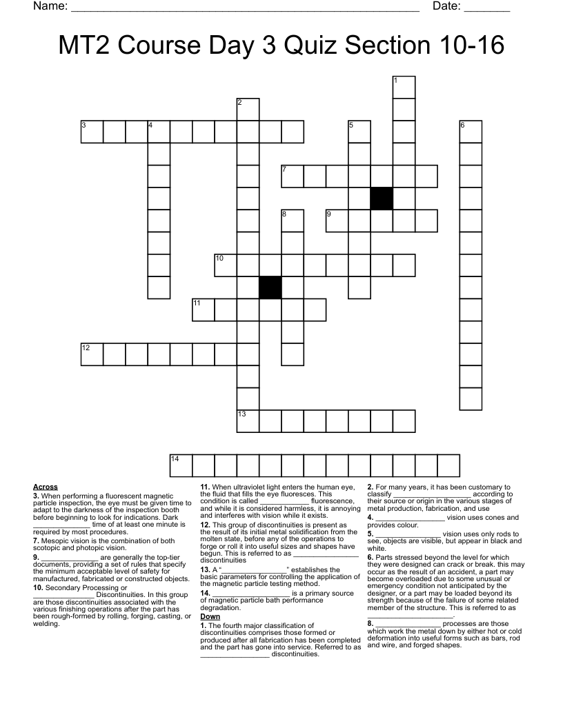 MT2 Course Day 3 Quiz Section 10-16 Crossword