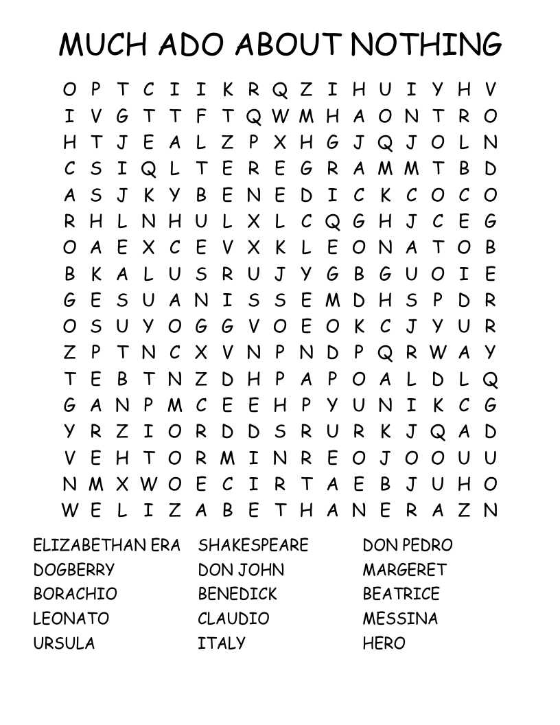 MUCH ADO ABOUT NOTHING Word Search