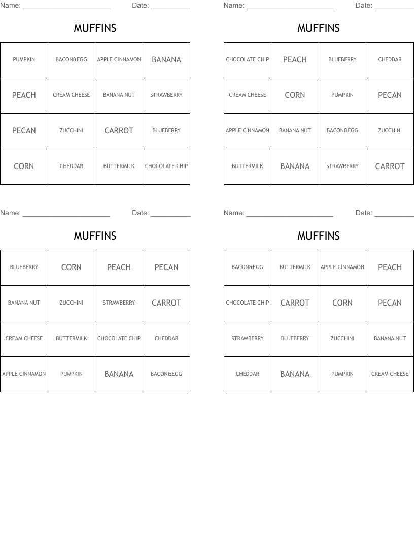 MUFFINS Bingo Cards