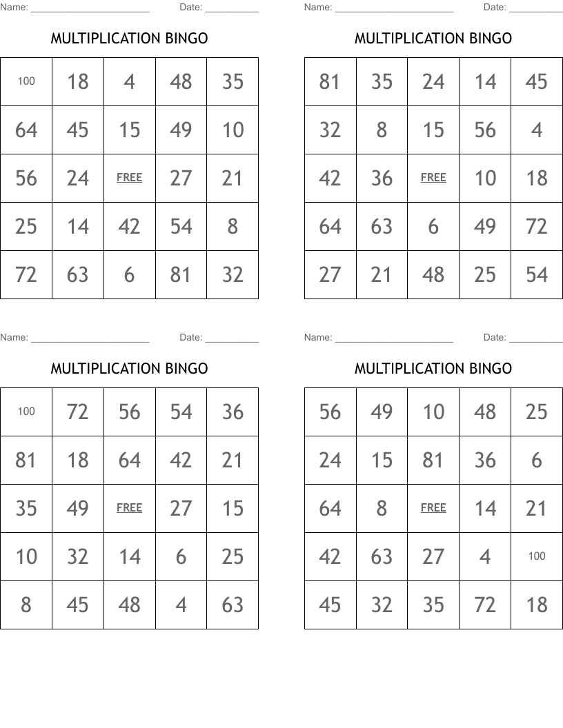 MULTIPLICATION BINGO