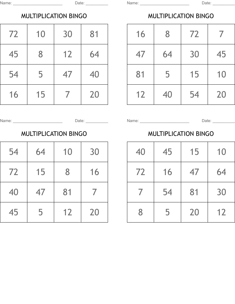 MULTIPLICATION BINGO