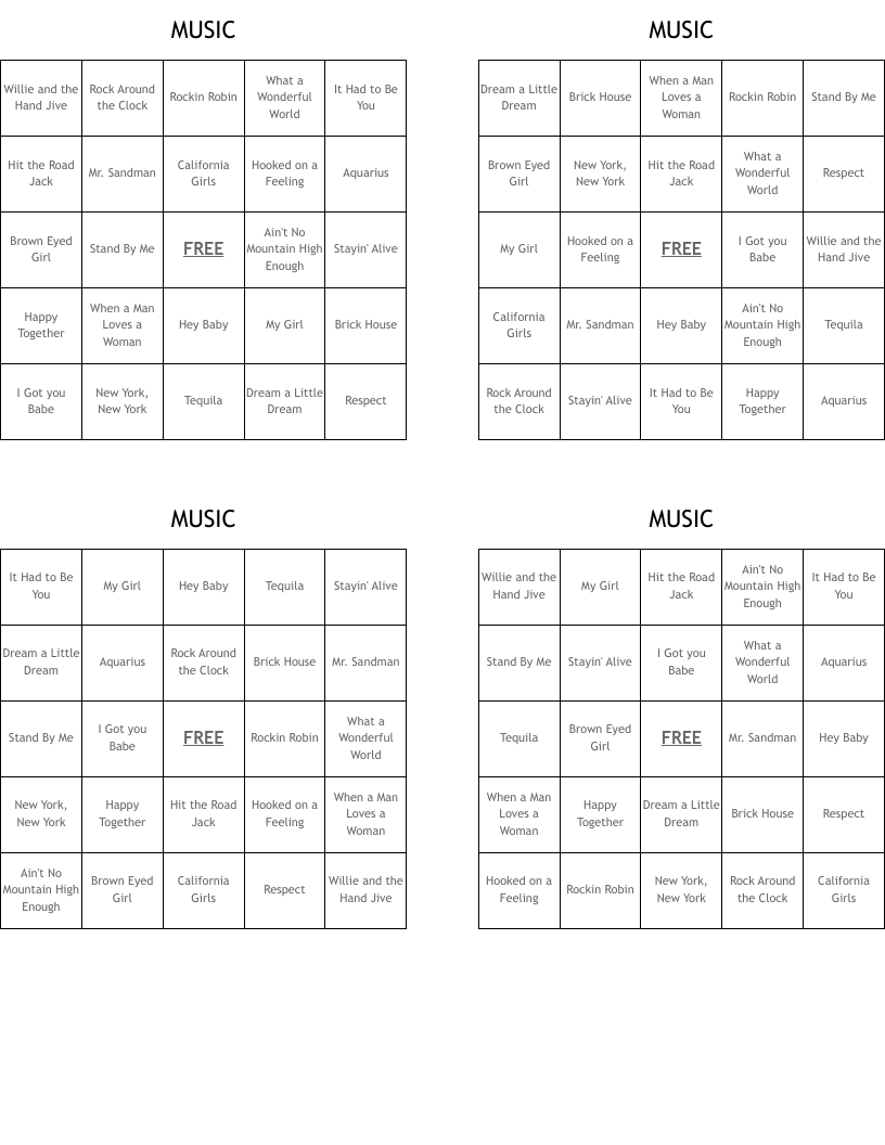 MUSIC Bingo Cards