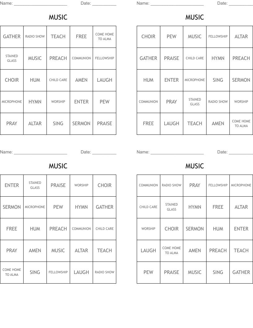 MUSIC Bingo Cards