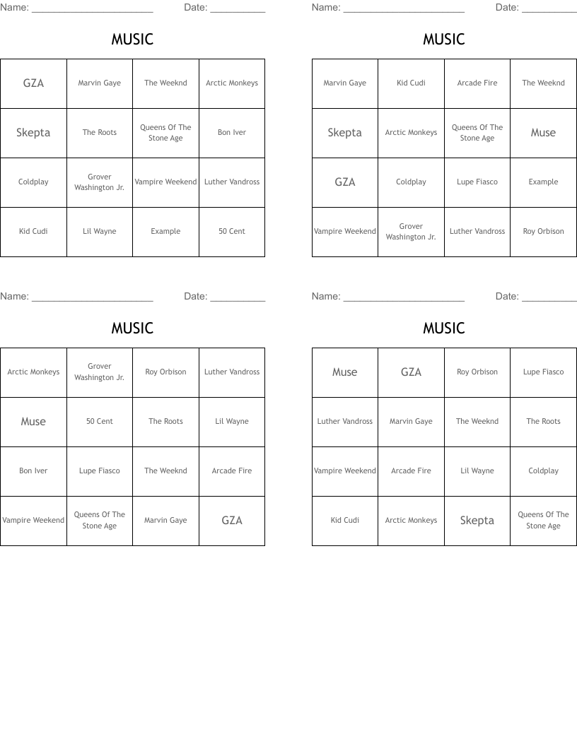 MUSIC Bingo Cards