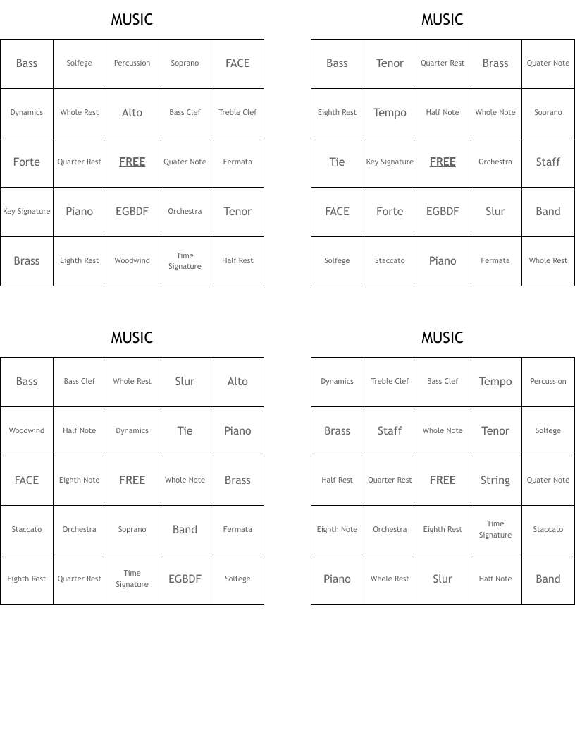 MUSIC Bingo Cards