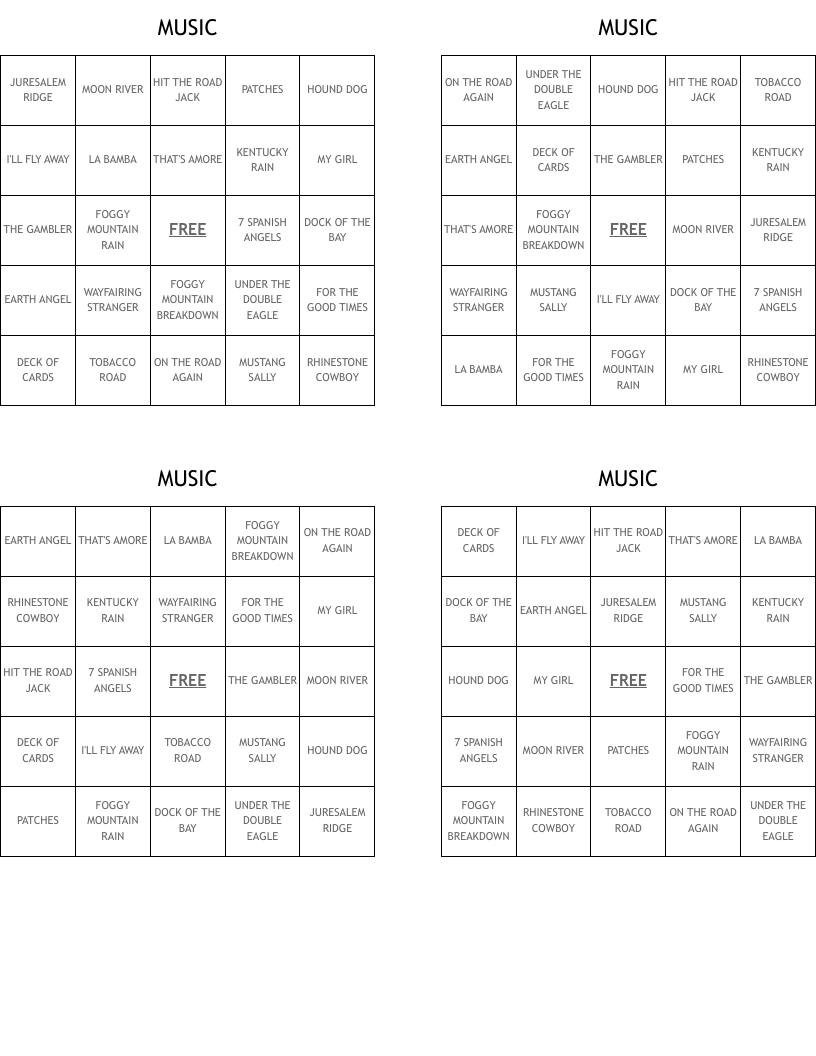 MUSIC Bingo Cards
