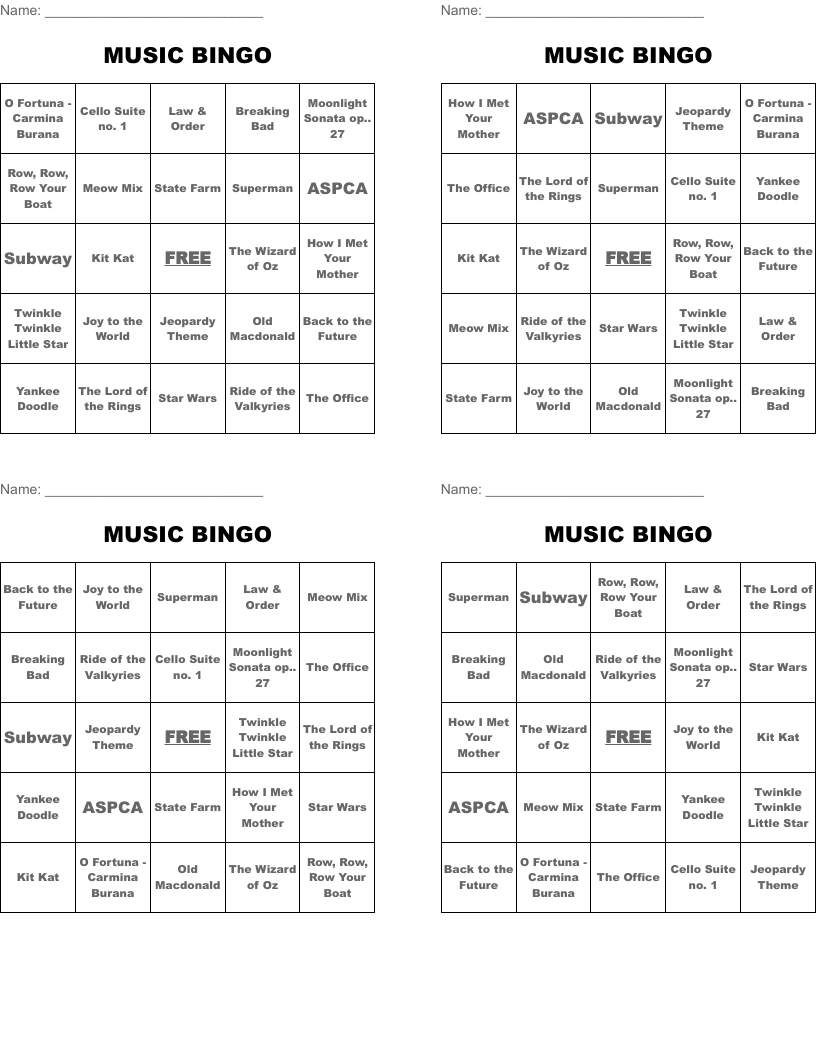MUSIC BINGO