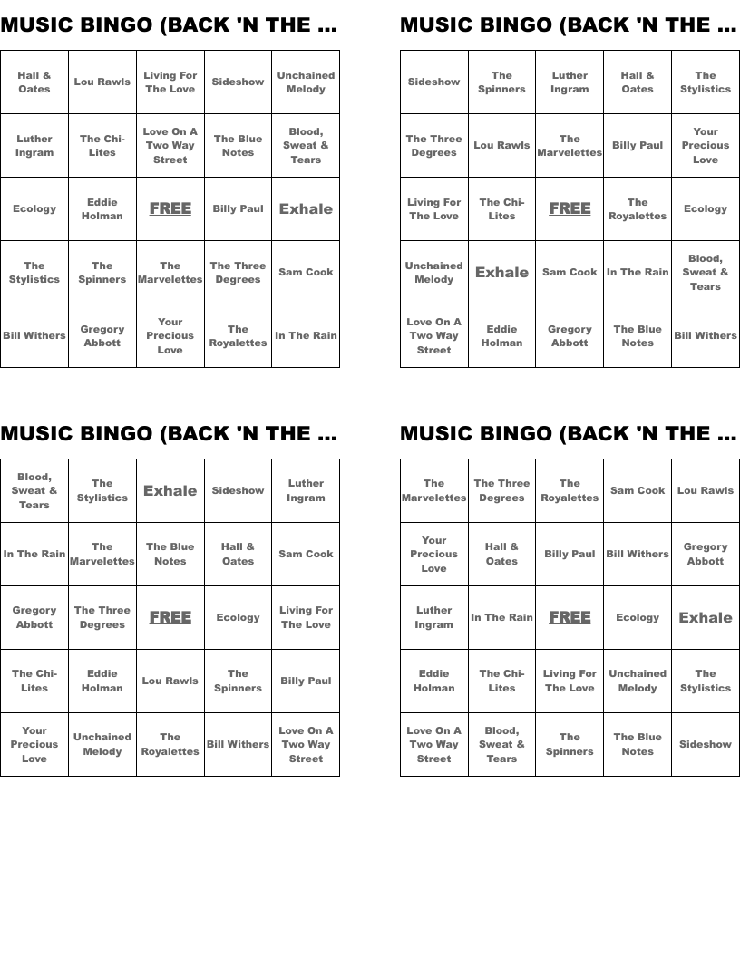 MUSIC BINGO (BACK 'N THE DAY --- 5)