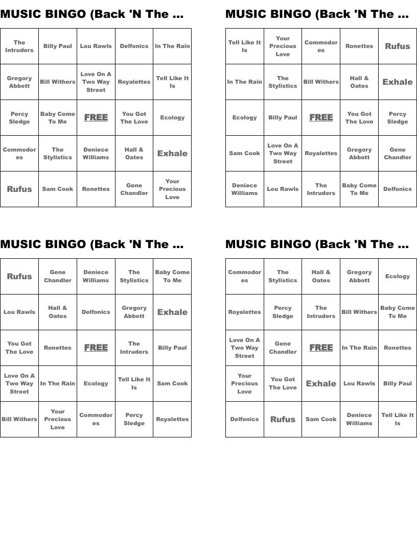 MUSIC BINGO (Back 'N The Day . . . 4)
