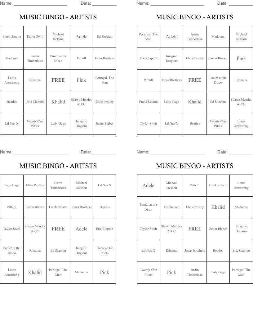 MUSIC BINGO - ARTISTS