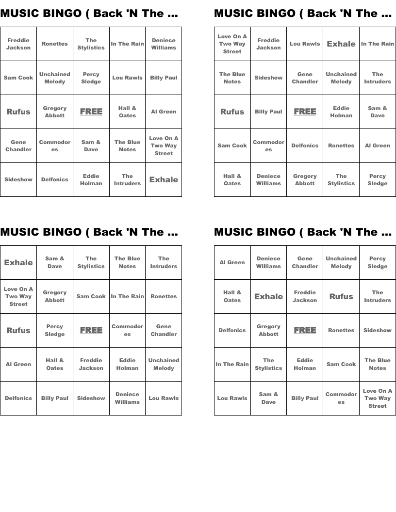 MUSIC BINGO ( Back 'N The Day . . . 3)