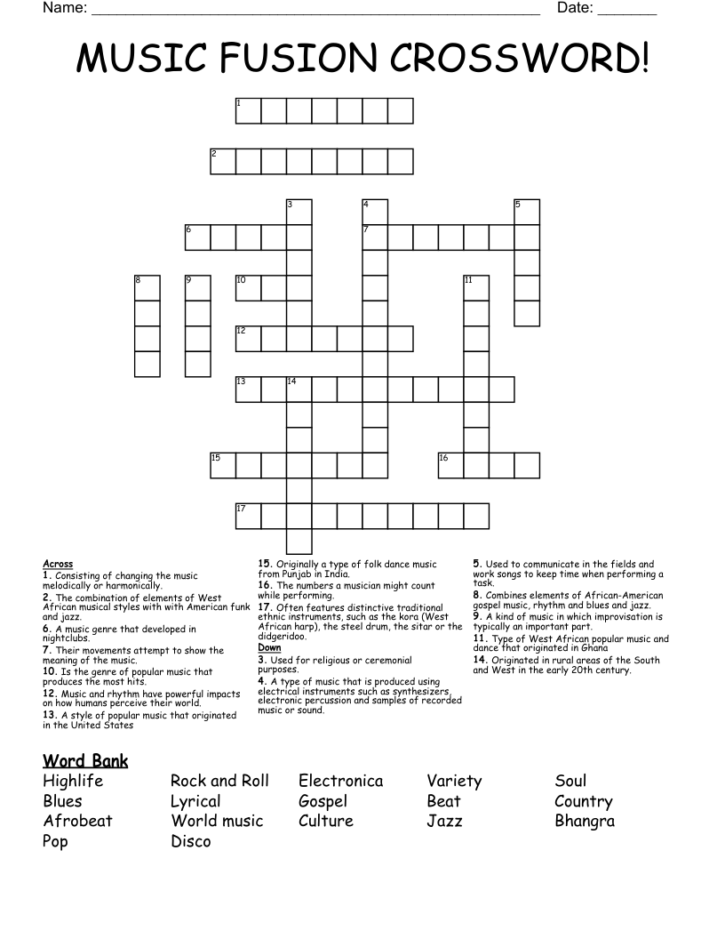 MUSIC FUSION CROSSWORD!