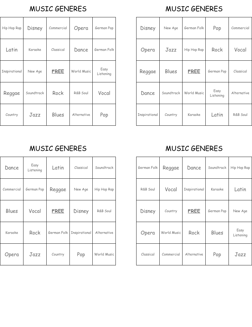 MUSIC GENERES Bingo Cards