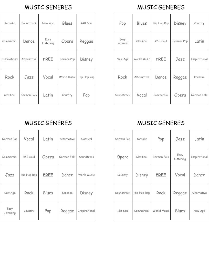 MUSIC GENERES Bingo Cards