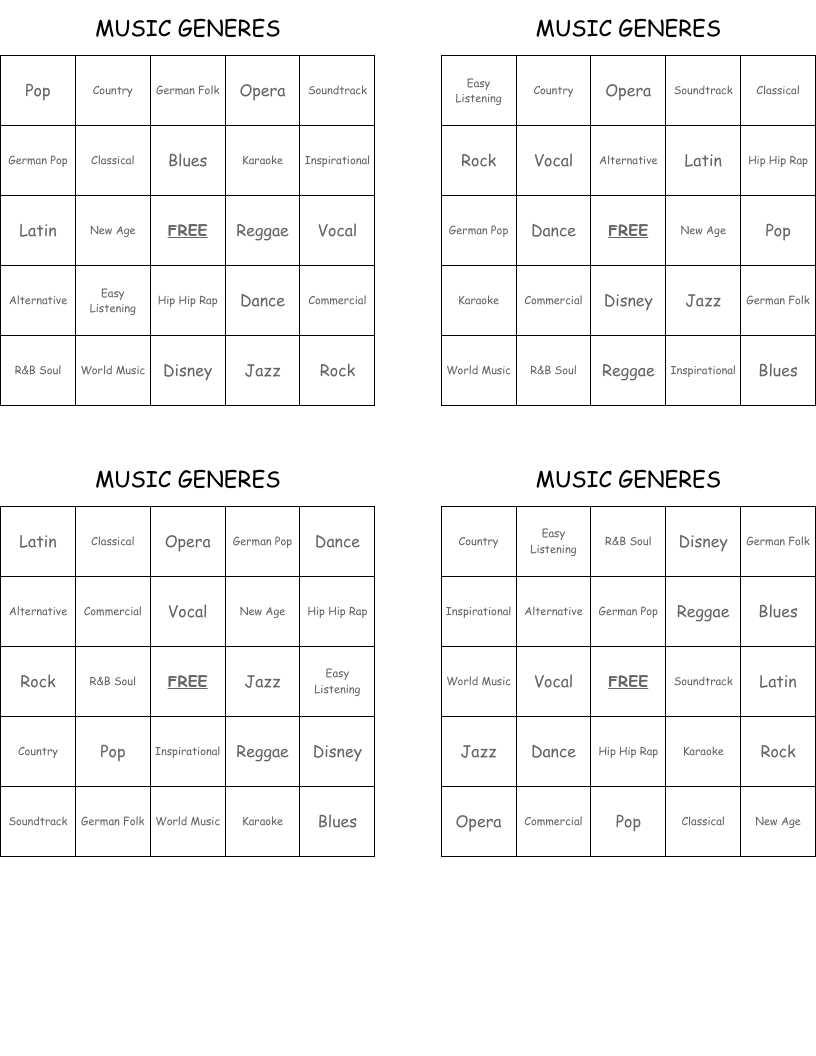MUSIC GENERES Bingo Cards