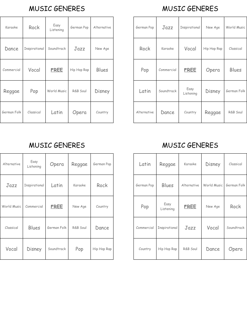 MUSIC GENERES Bingo Cards