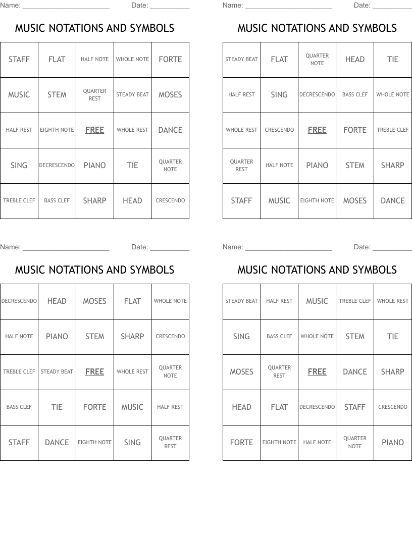 MUSIC NOTATIONS AND SYMBOLS Bingo Cards