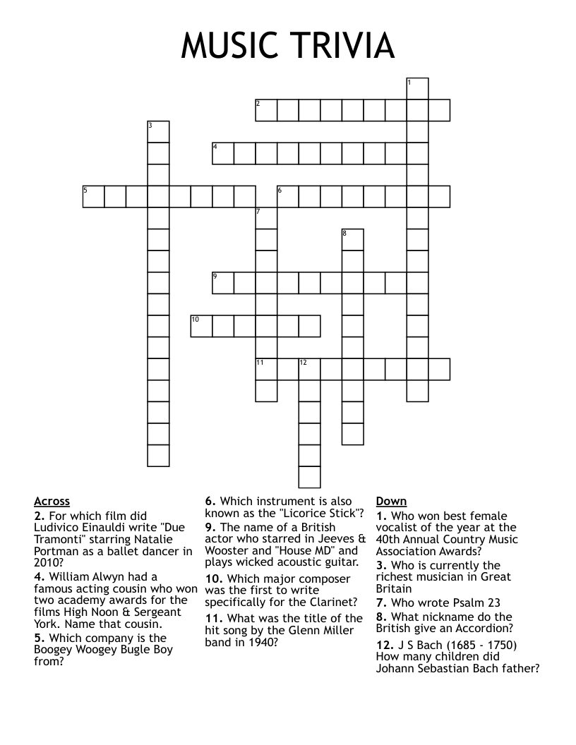MUSIC TRIVIA Crossword