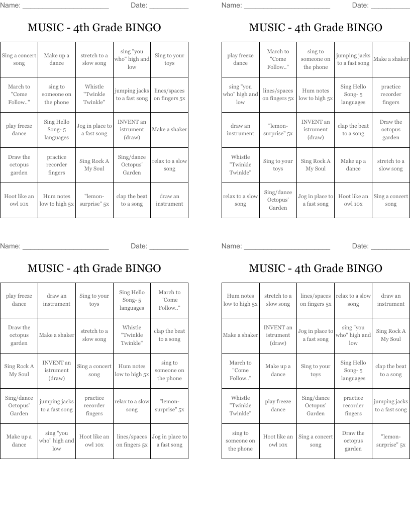MUSIC - 4th Grade BINGO