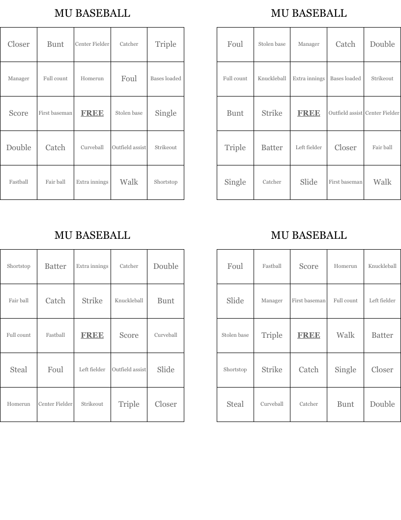 MU BASEBALL Bingo Cards