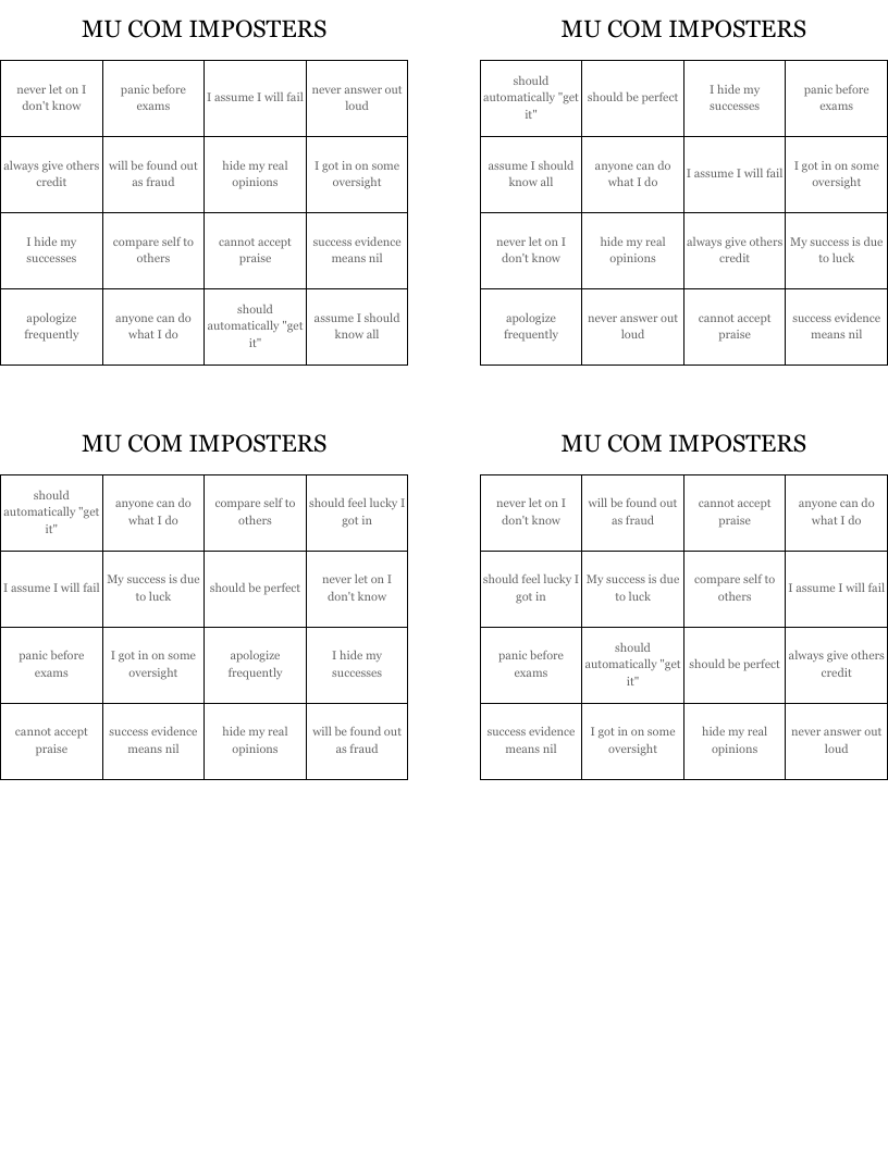 MU COM IMPOSTERS Bingo Cards