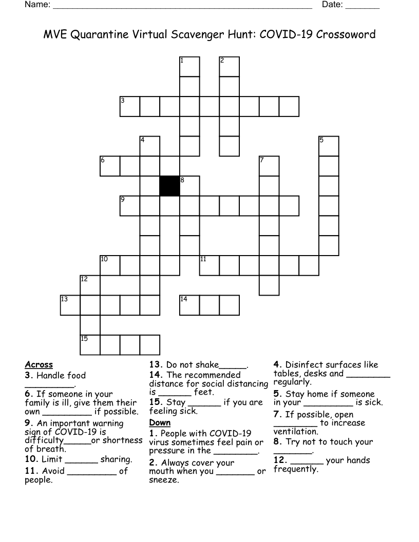 MVE Quarantine Virtual Scavenger Hunt: COVID-19 Crossoword Crossword