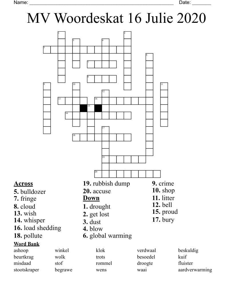MV Woordeskat 16 Julie 2020 Crossword