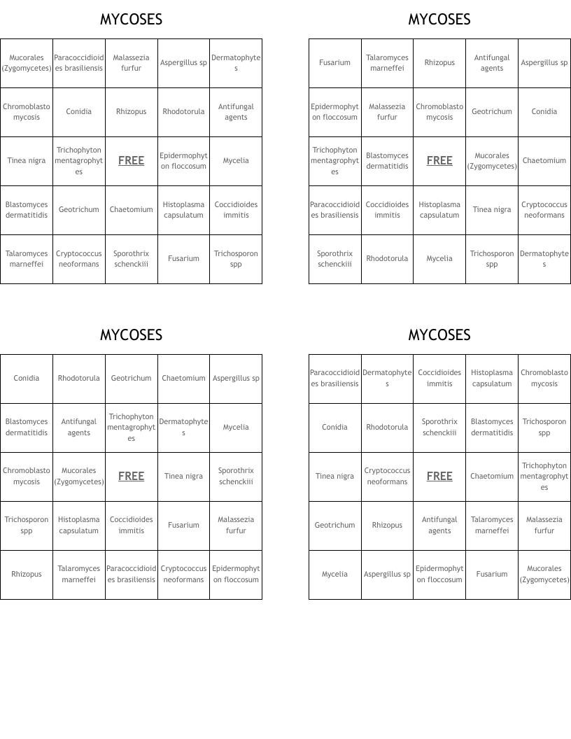 MYCOSES Bingo Cards