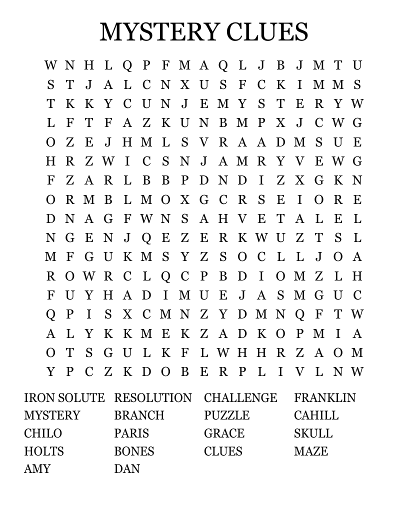 MYSTERY CLUES  Word Search