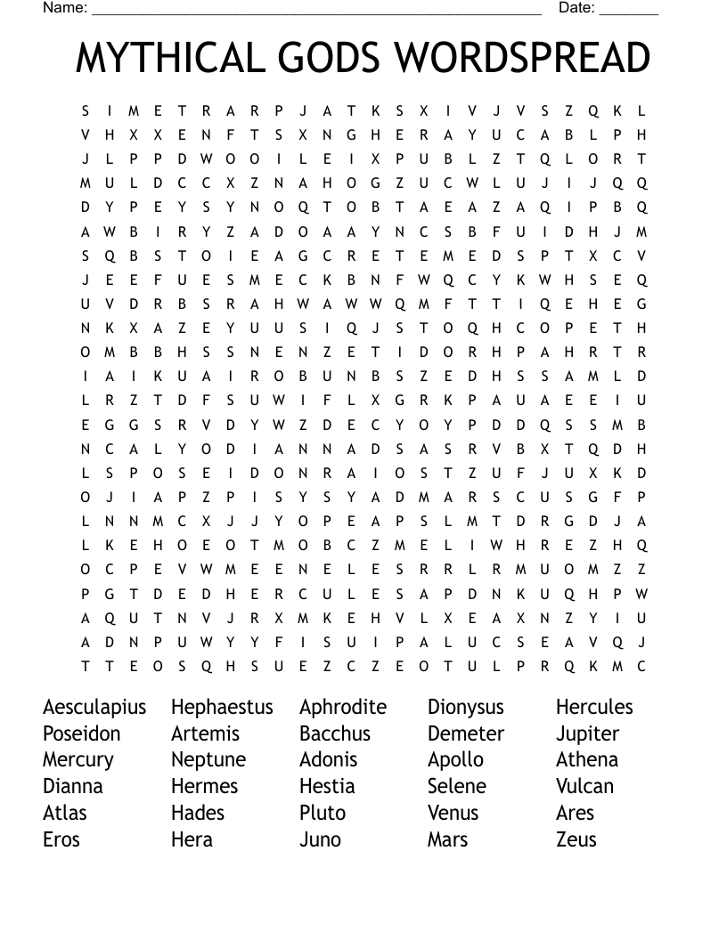 MYTHICAL GODS WORDSPREAD Word Search