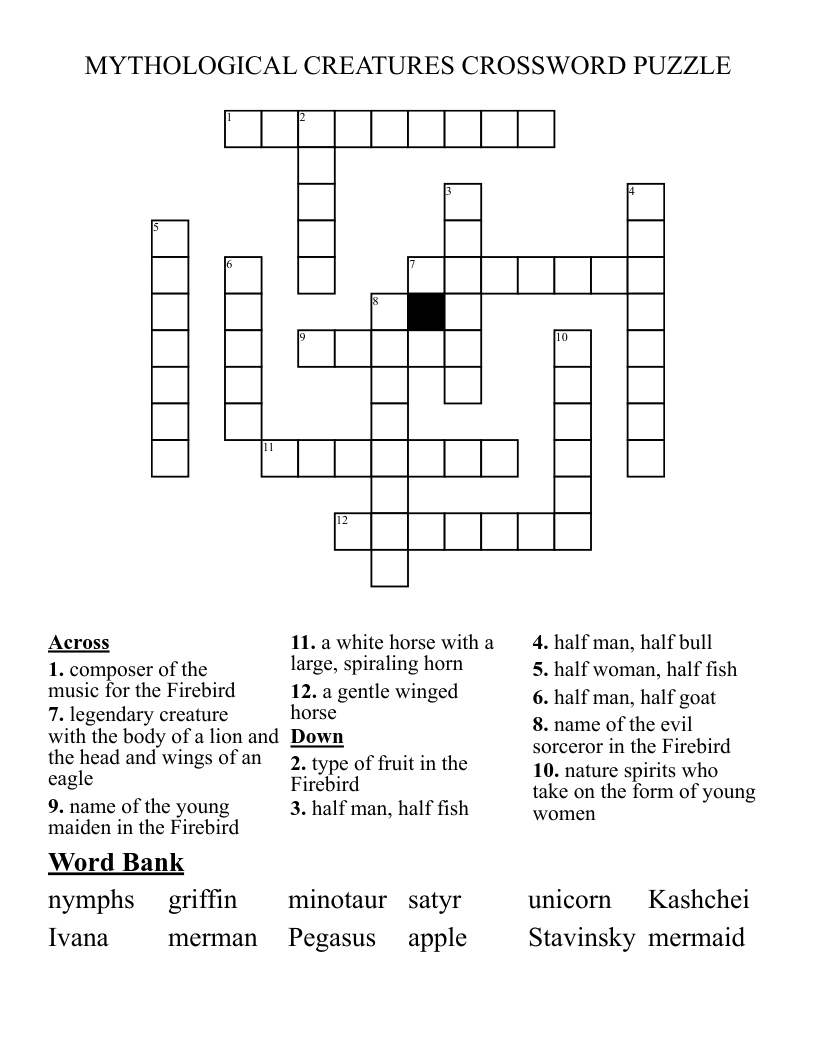 MYTHOLOGICAL CREATURES CROSSWORD PUZZLE