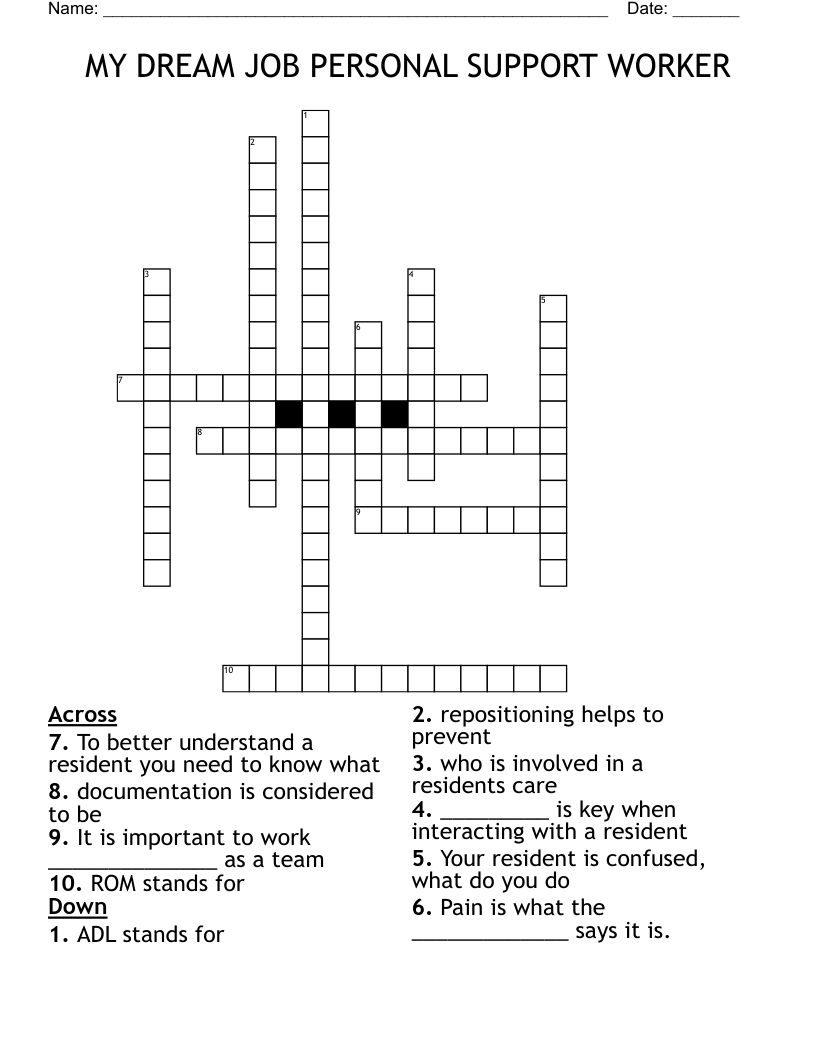 MY DREAM JOB PERSONAL SUPPORT WORKER Crossword