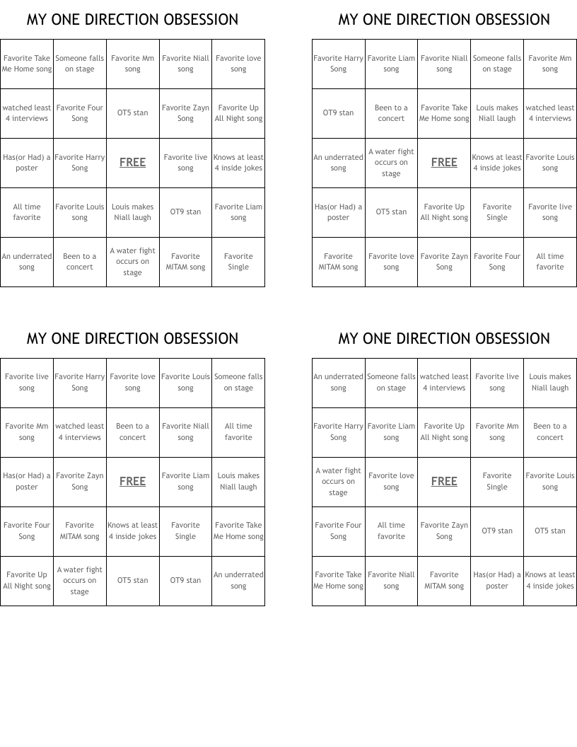 MY ONE DIRECTION OBSESSION Bingo Cards