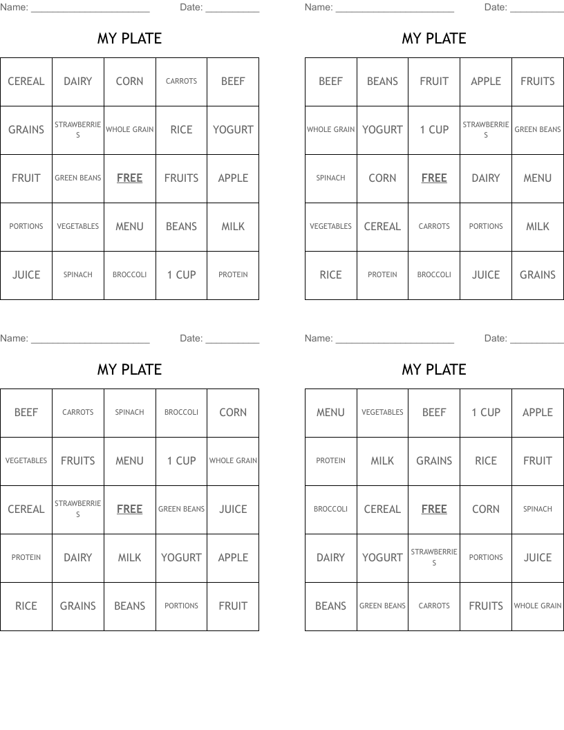 MY PLATE Bingo Cards
